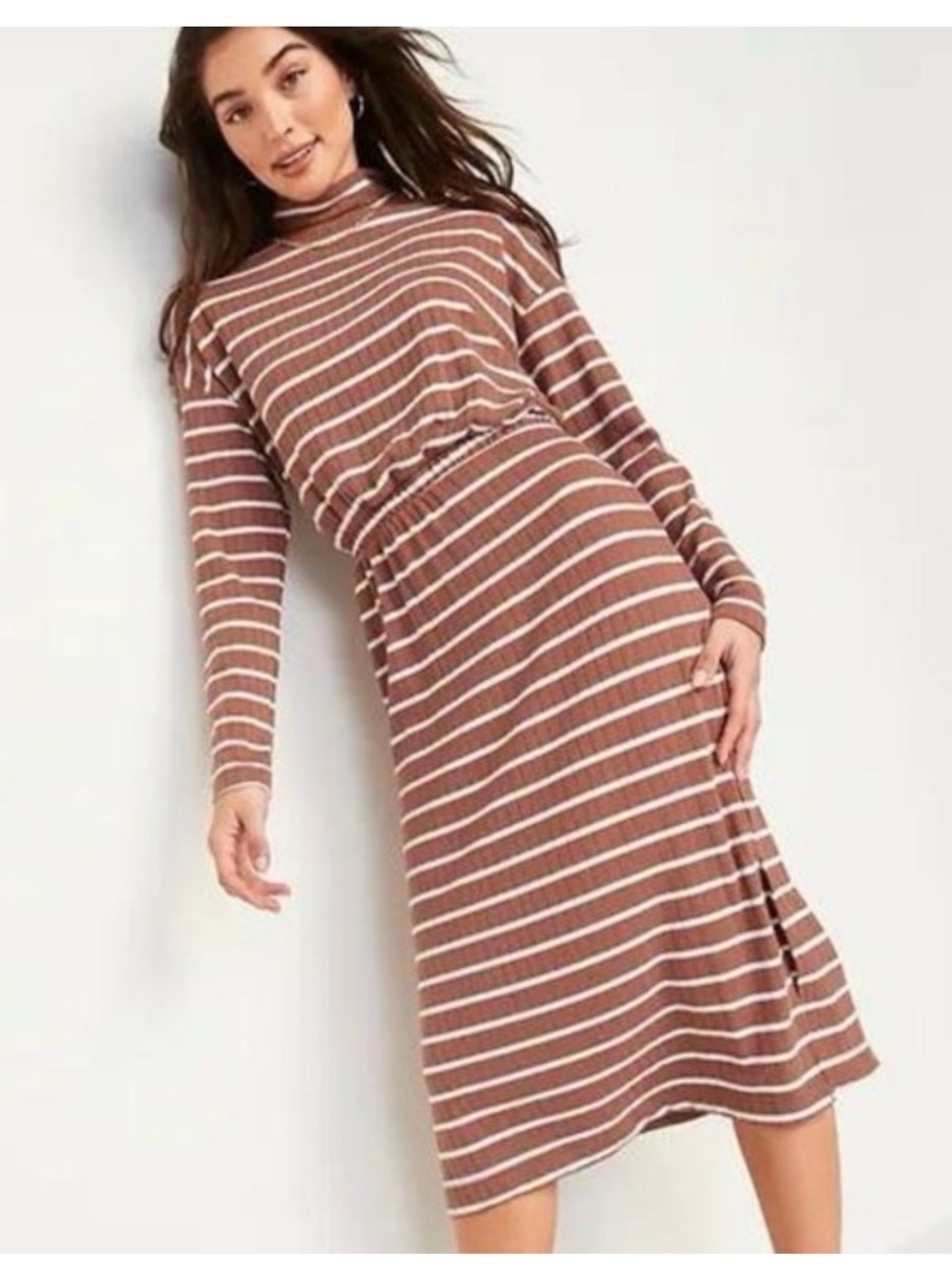 Old Navy Ribbed Striped Long-Sleeve Midi Dress in Brown and White